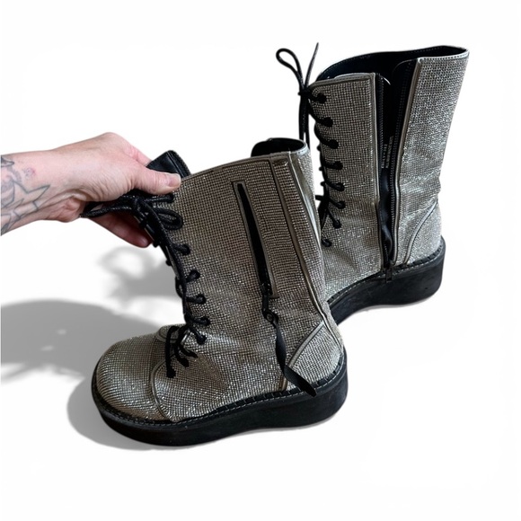 Demonia Shoes - Demonia Glittery Silver Combat Boots